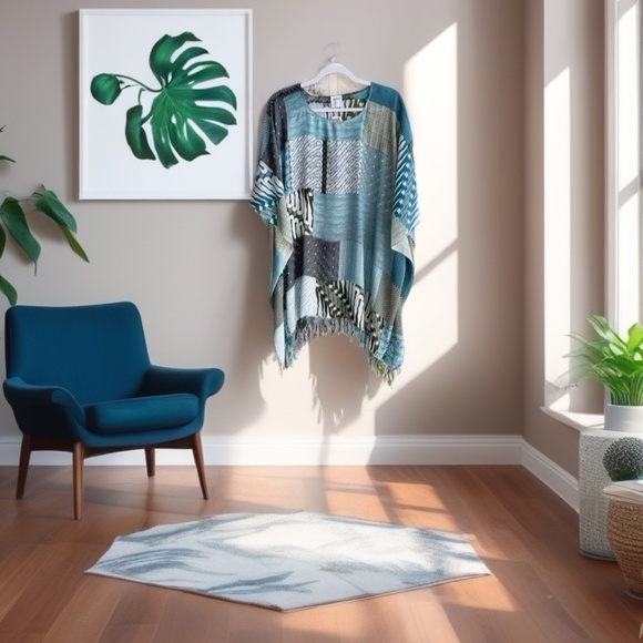 0149/  Batik Rayon Poncho, Bohemian Kaftan Top, Modern Apparel, Multocolor Blue - Picture 1 of 9